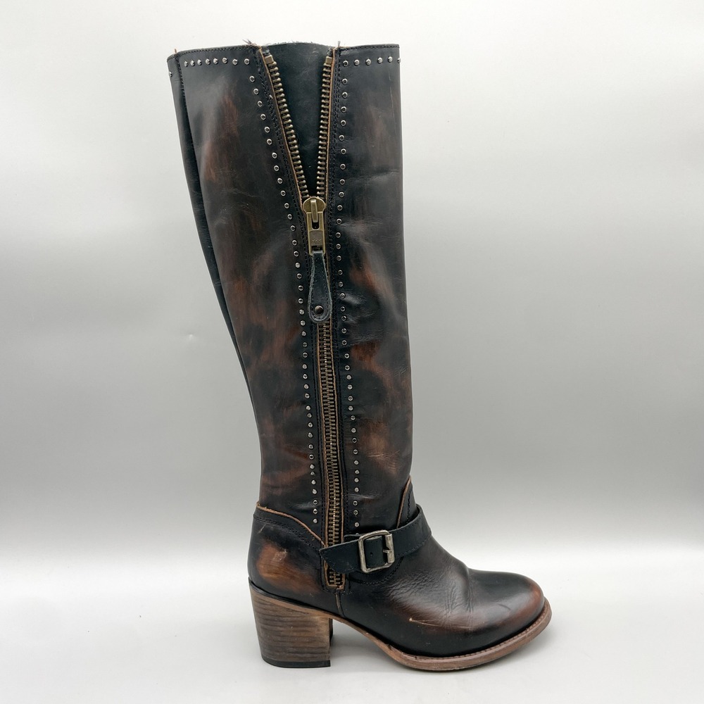 Frye Womens 10 Carson Studded Tall Boots Brown Distressed Leather Western Moto